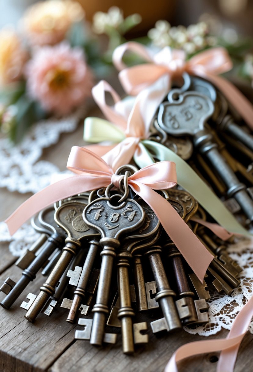 A collection of vintage metal keys tied with pastel satin ribbons arranged on a wooden table as wedding favors.