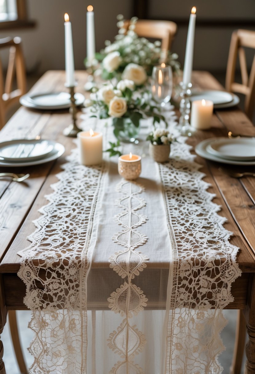A wedding table decorated with a lace table runner, small flower arrangements, candles, and simple tableware.