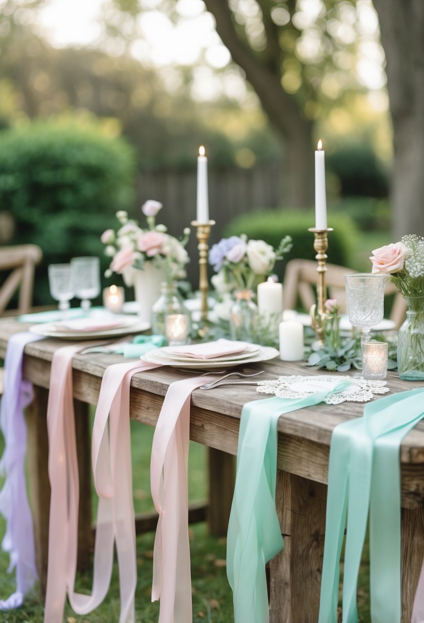 Wedding table decorated with pastel-colored ribbon garlands, vintage glass bottles, and candles in an outdoor garden setting.
