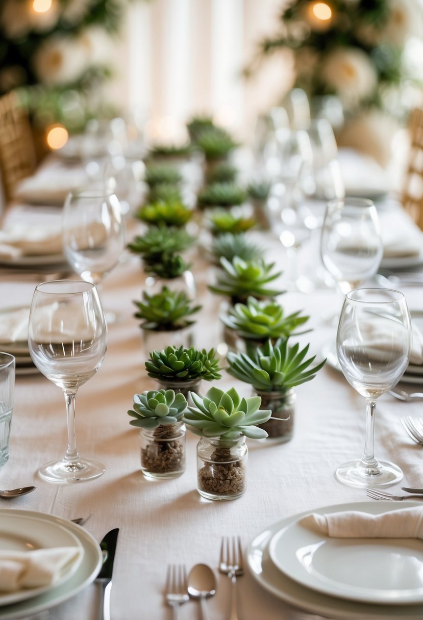A wedding table decorated with small succulent plants in pots, surrounded by plates, glasses, and cutlery.
