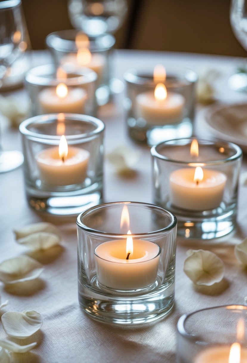Clear glass tealight holders with lit candles arranged on a wedding table with white petals and a light-colored tablecloth.
