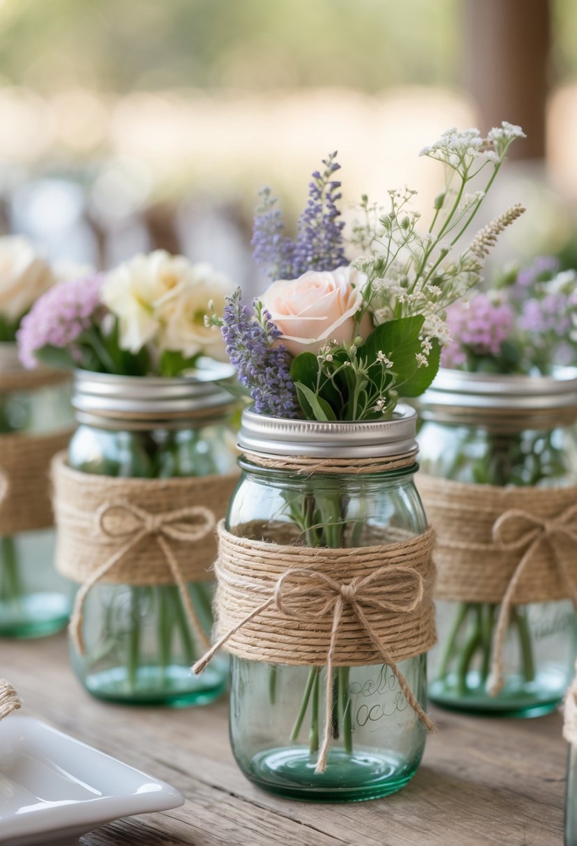 A wooden table with mason jars wrapped in twine, filled with wildflowers and greenery as wedding decorations.