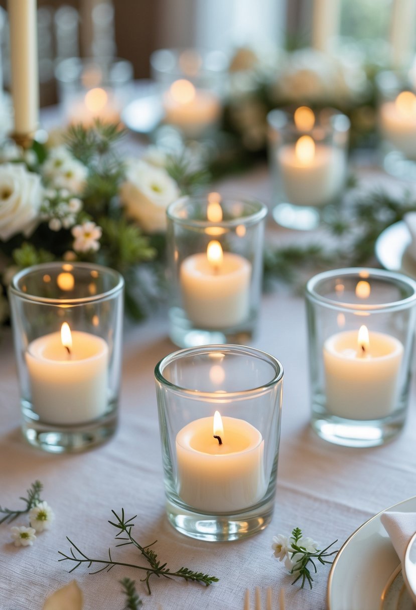 A wedding table with clear glass votive candles lit and surrounded by greenery and small white flowers.