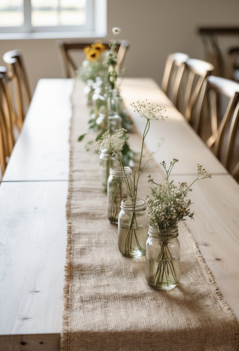 A wedding table with a natural jute table runner, decorated with small glass vases holding wildflowers and greenery.