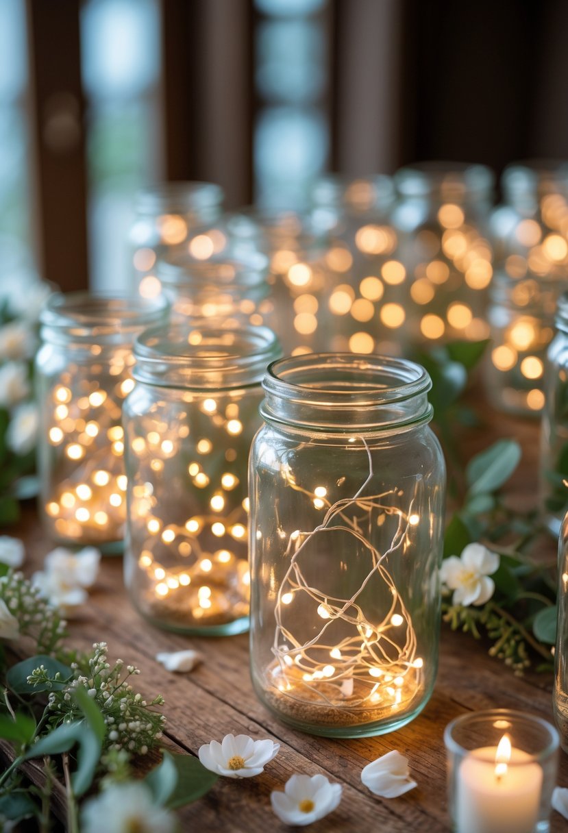 Glass jars filled with warm white fairy lights arranged on a wooden table with greenery and small white flowers.