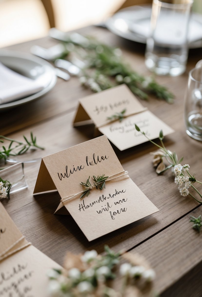 Handwritten place cards on recycled paper arranged on a wooden table with greenery and small flowers as wedding decorations.