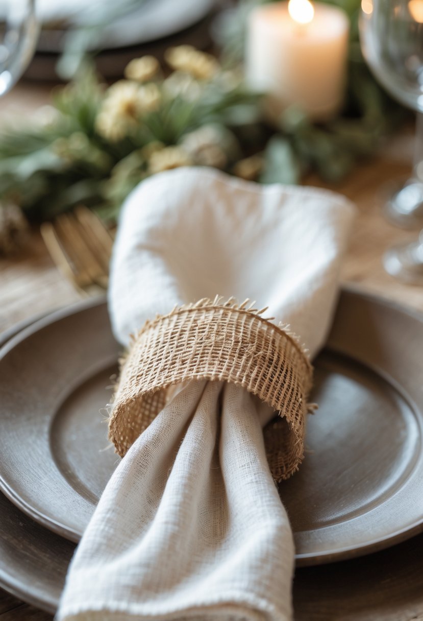 Close-up of a wedding table with burlap napkin rings tied around white napkins, decorated with small flowers and greenery.