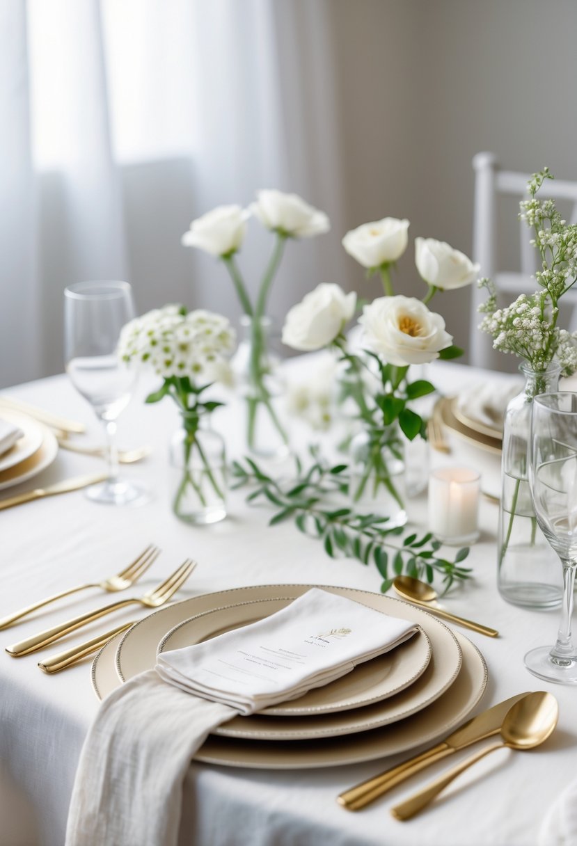 A wedding table set with gold and silver cutlery, white flowers in glass vases, and linen napkins on a white tablecloth.