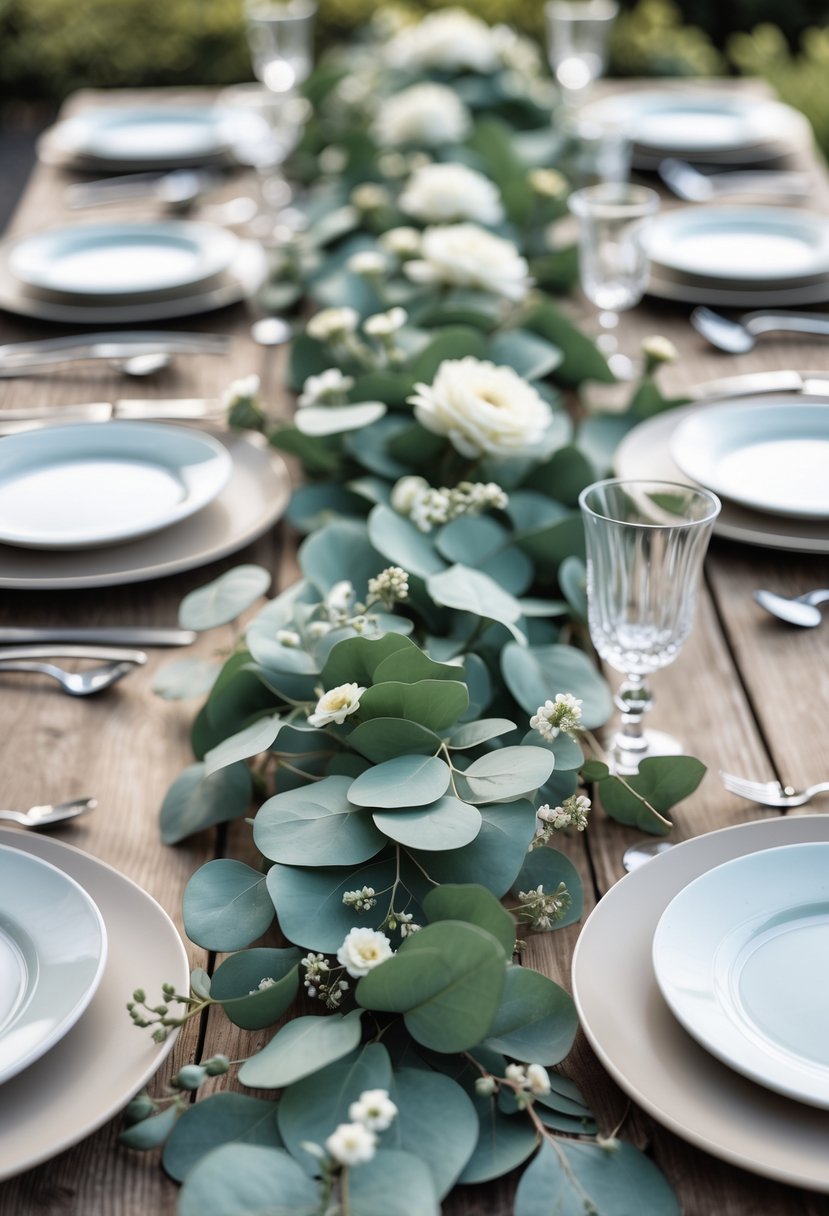 A wedding table decorated with eucalyptus garlands and white flowers, set with plates and glassware.
