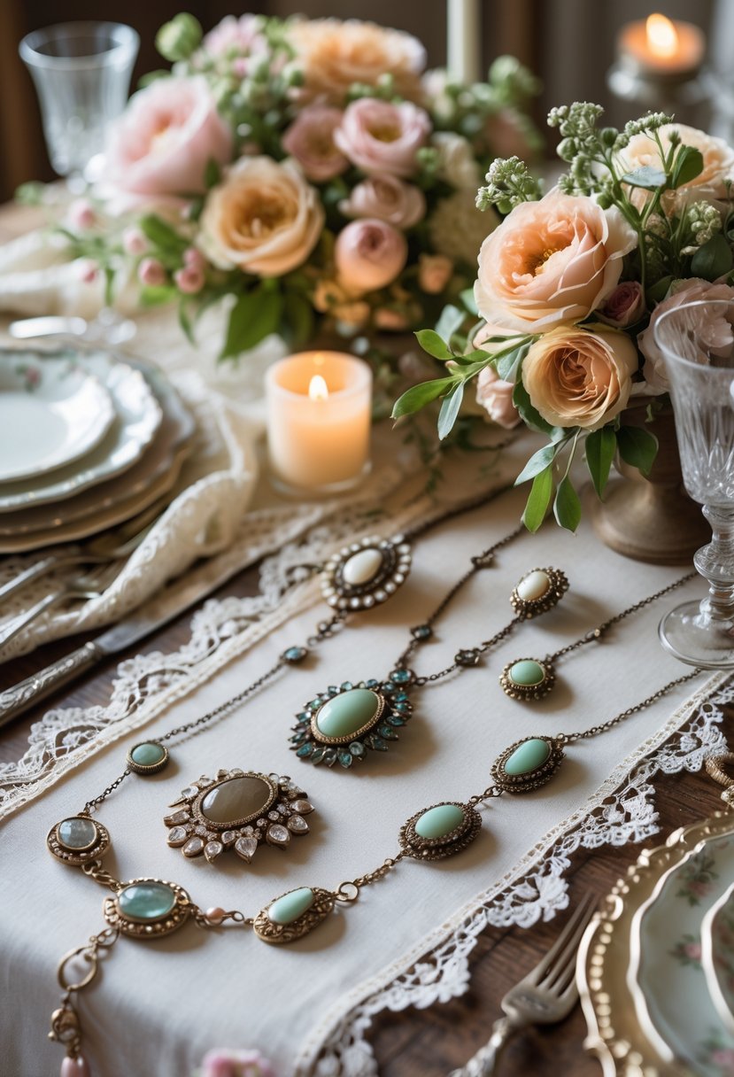 A wedding table decorated with antique jewelry pieces, flowers, lace, and vintage tableware.