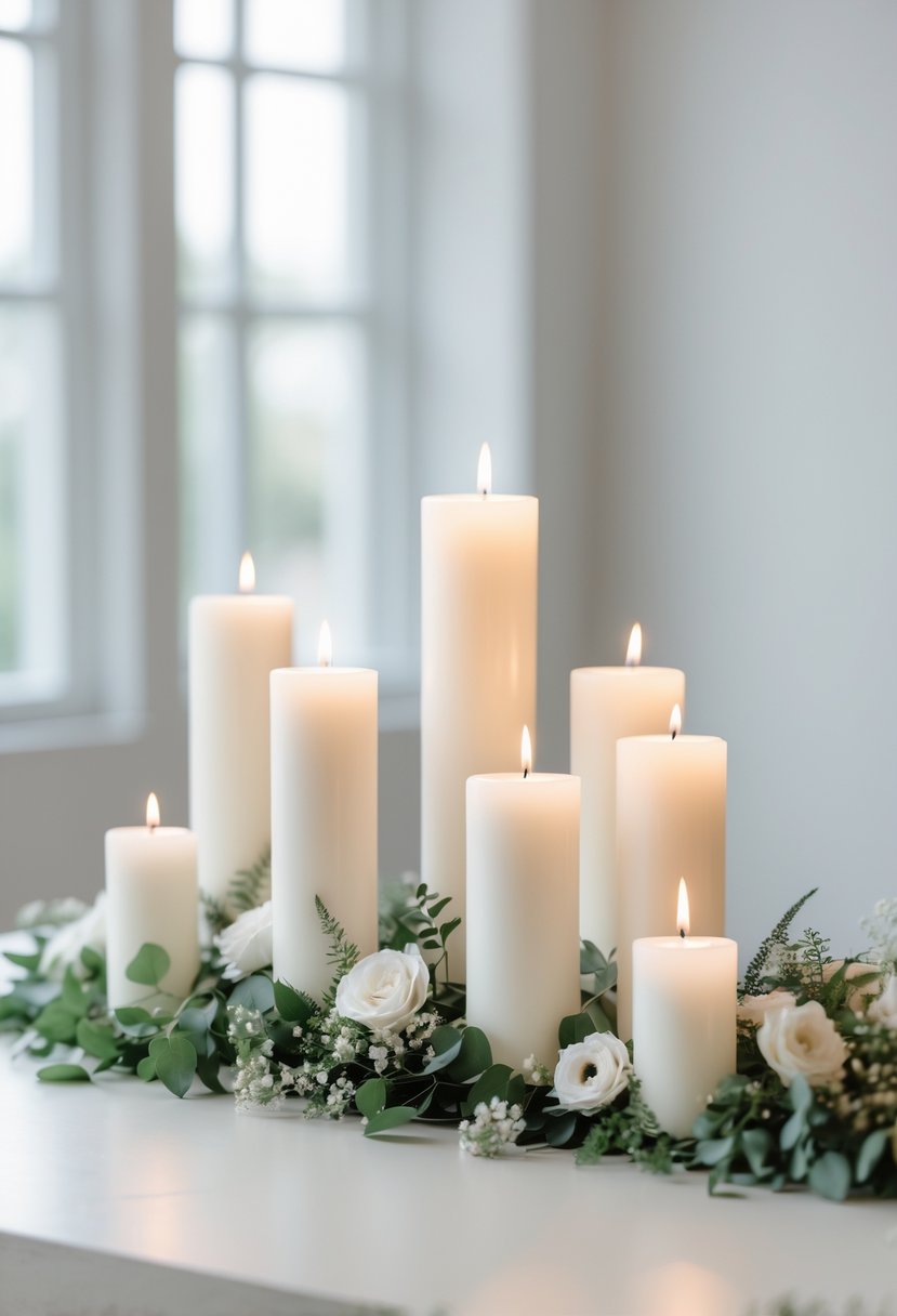 A table with white pillar candles of different heights surrounded by greenery and white flowers.