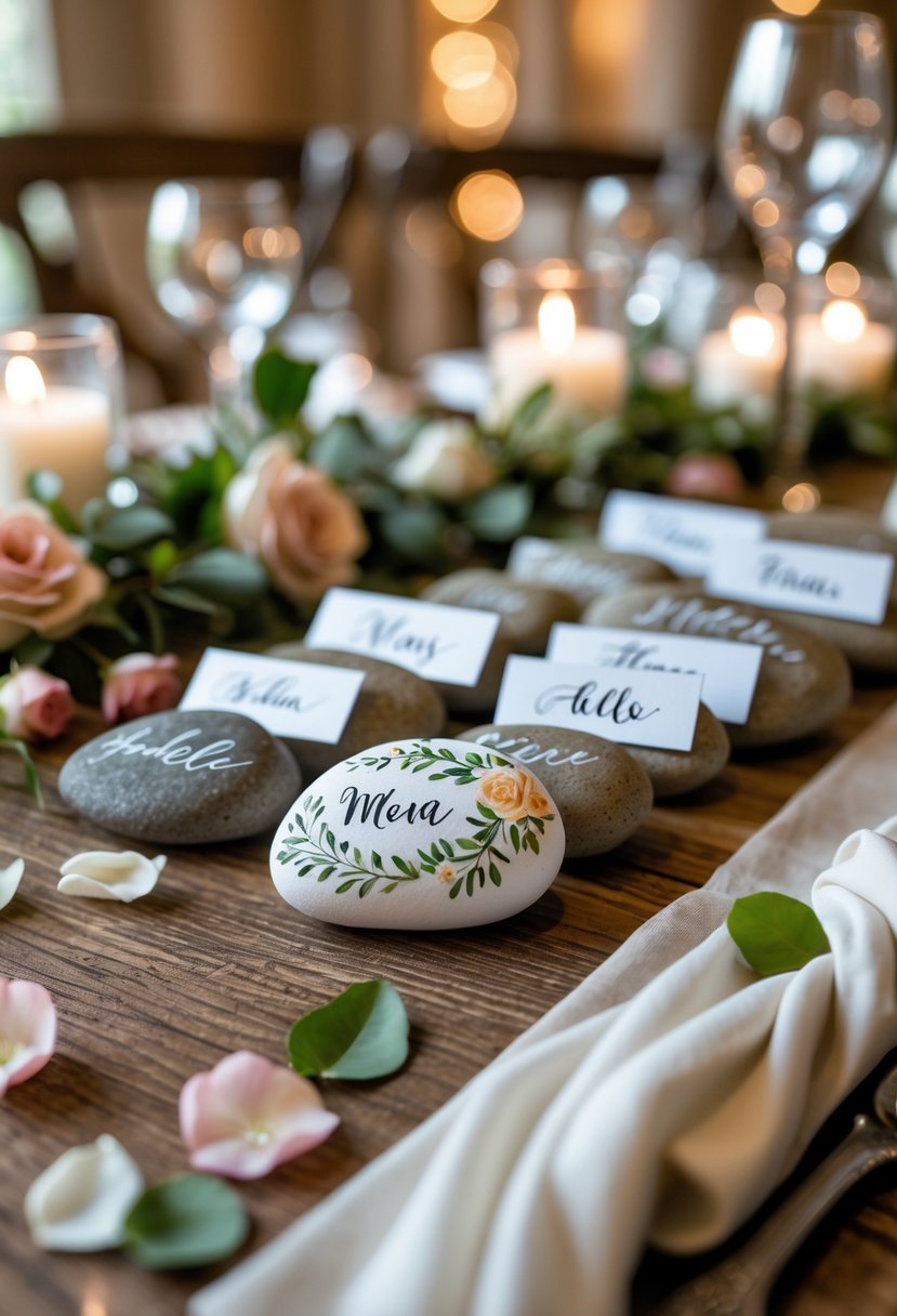 Close-up of hand-painted rocks arranged on a wedding table as place cards, surrounded by rose petals and greenery.