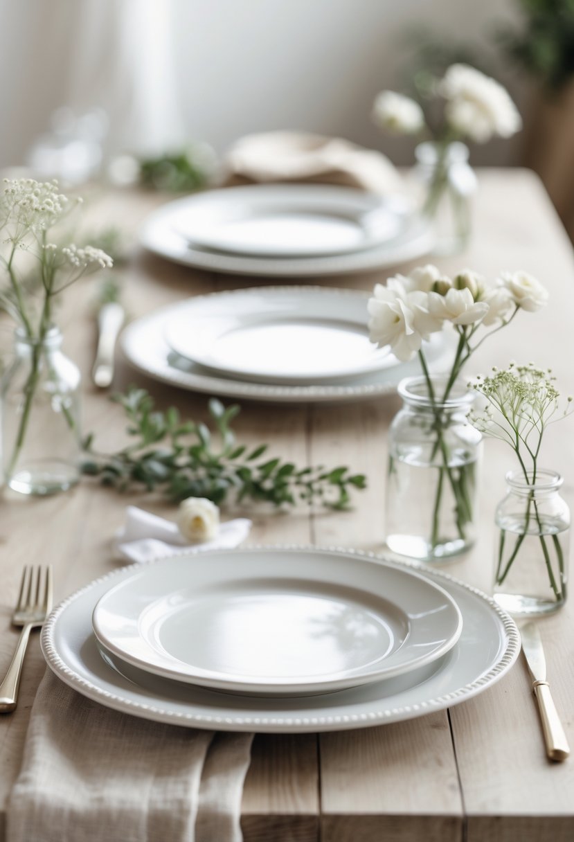 A wedding table with plain white ceramic plates, small green plants, white flowers in glass vases, and linen napkins on a wooden surface.