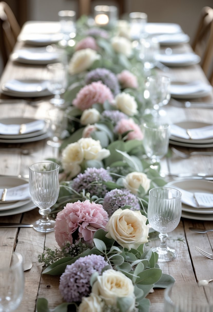 A wedding table decorated with pastel-colored floral garlands and simple tableware.