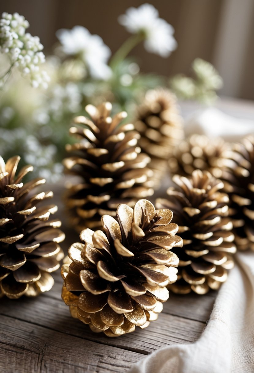 Close-up of gold spray-painted pinecones arranged on a wooden table with soft floral background.