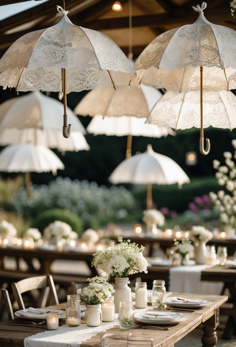 Several vintage lace umbrellas hanging overhead above decorated wooden tables at a wedding reception in a garden setting.
