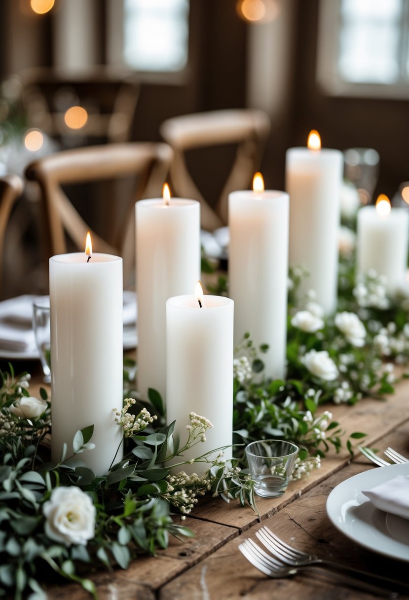A wedding table decorated with simple white pillar candles, greenery, and small white flowers.