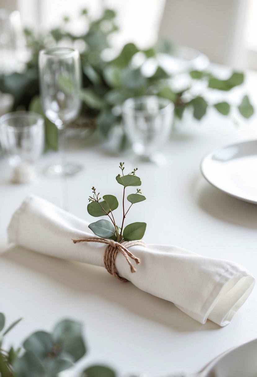 Close-up of small eucalyptus sprigs tied around white napkins on a wedding table.