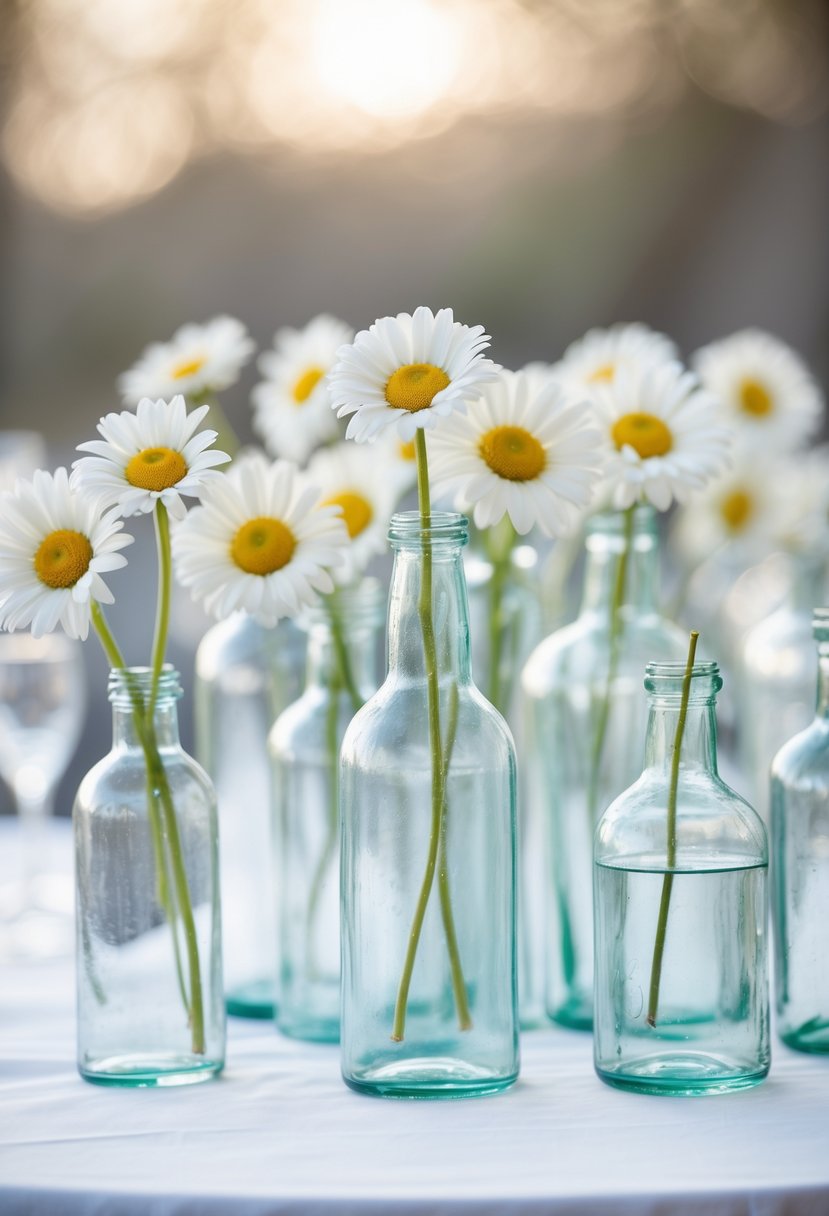 Clear glass bottles each holding a single white daisy arranged on a white table.