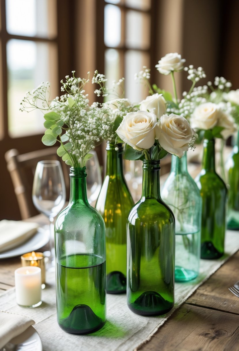A wedding table decorated with repurposed wine bottles holding fresh flowers arranged on a wooden surface.