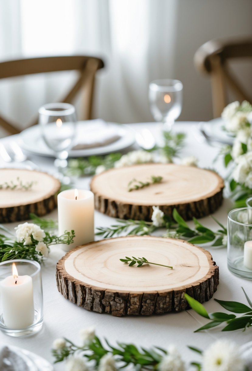 A wedding table with round wooden slice centerpieces decorated with small white flowers, greenery, and candles.