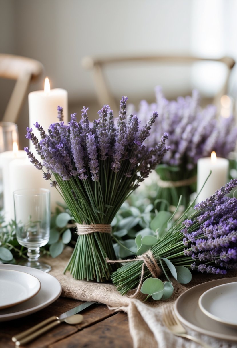 Fresh bundles of lavender arranged on a wooden table with candles and greenery as wedding decorations.