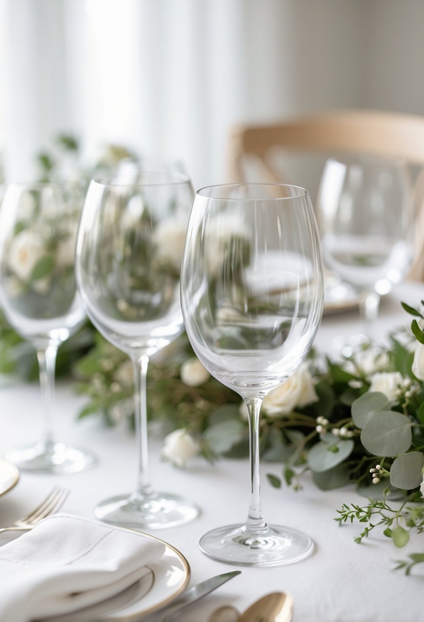 A wedding table with clear crystal wine glasses, white tablecloth, and simple greenery decorations.