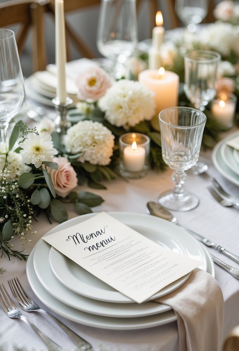 A wedding table set with handwritten menus, flowers, candles, and tableware arranged neatly.