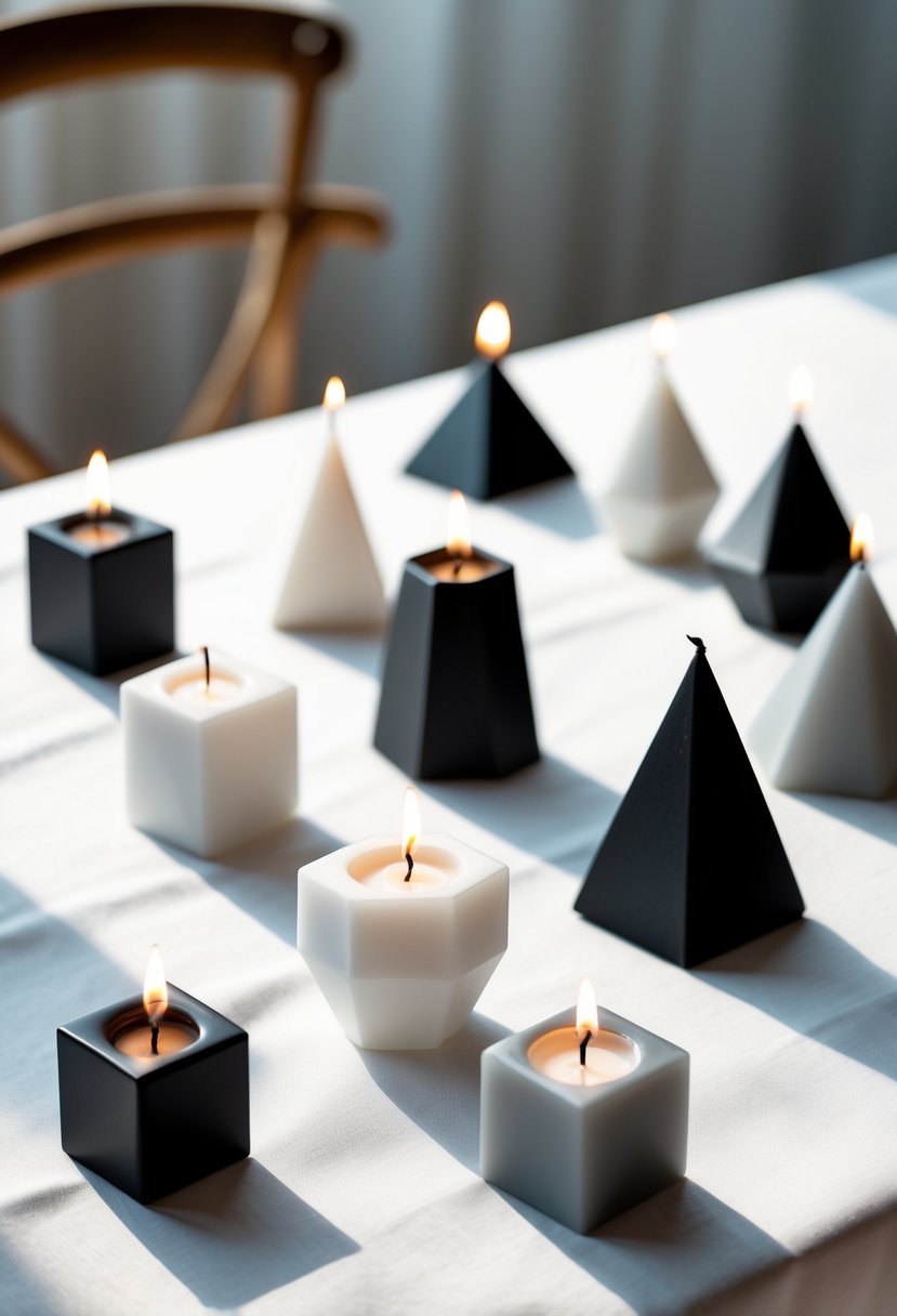 A wedding table with several monochrome geometric votive candles arranged on a white tablecloth.
