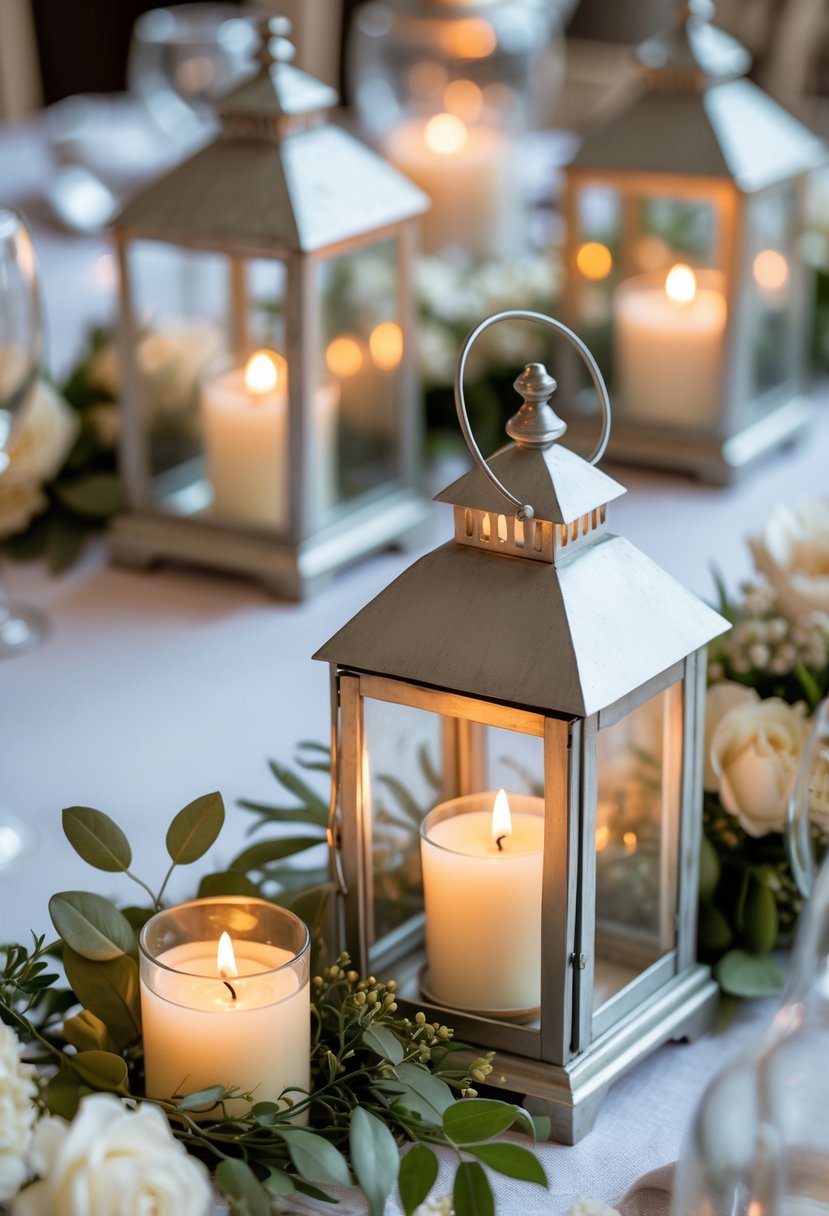 Several tea light candles inside lanterns arranged on a wedding table with flowers and greenery.