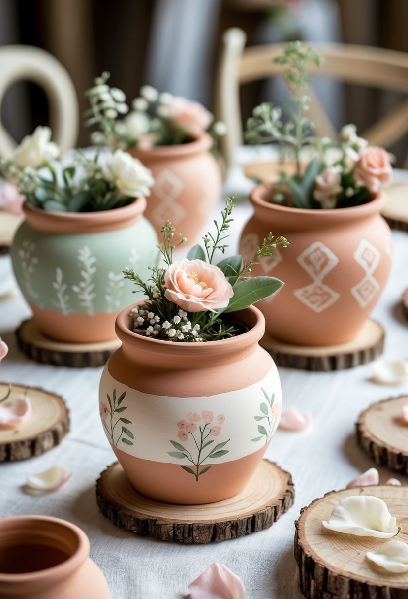 A wedding table decorated with painted terra cotta pots filled with flowers and greenery on a white linen tablecloth.