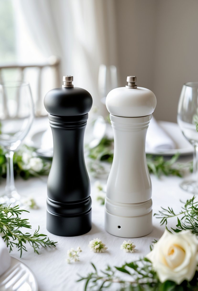 A pair of matte black and white salt and pepper grinders on a wedding table decorated with white linen, greenery, and small white flowers.
