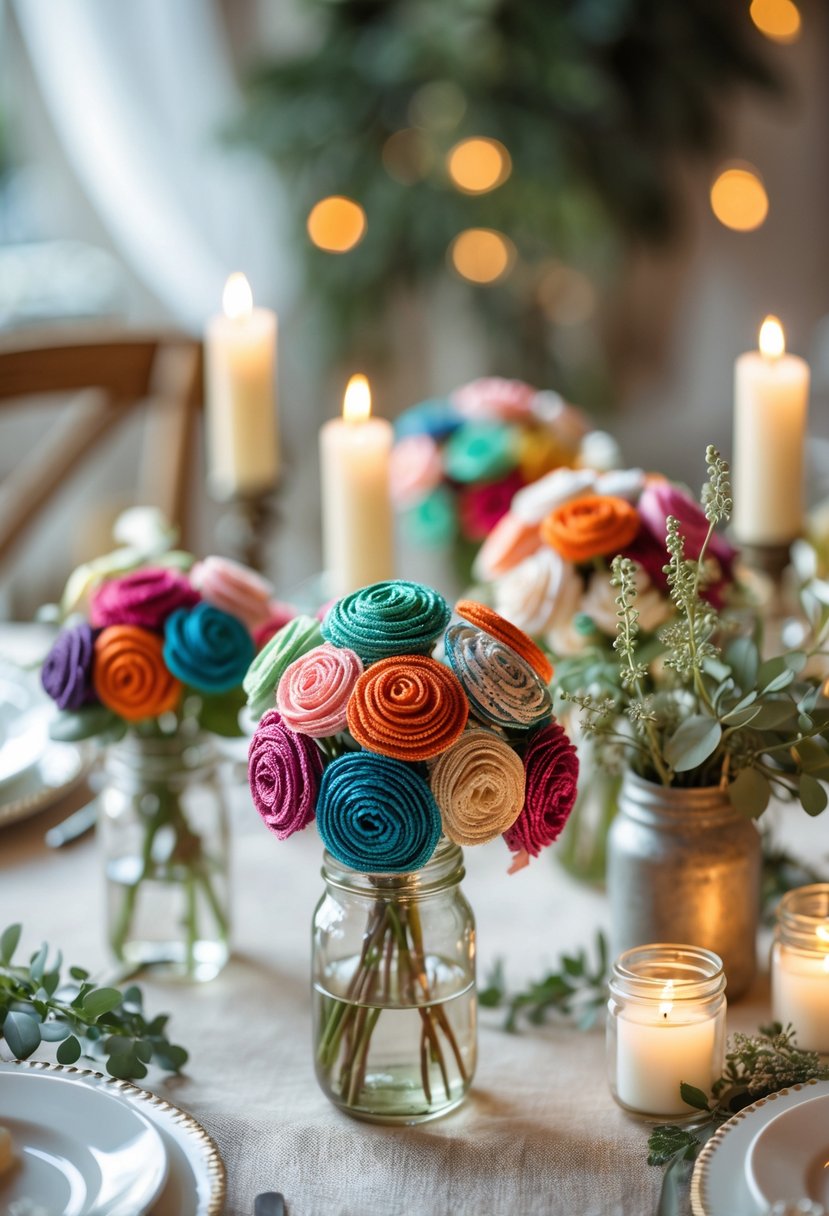 A wedding table decorated with small fabric scrap bouquets in glass jars, surrounded by greenery and candles.