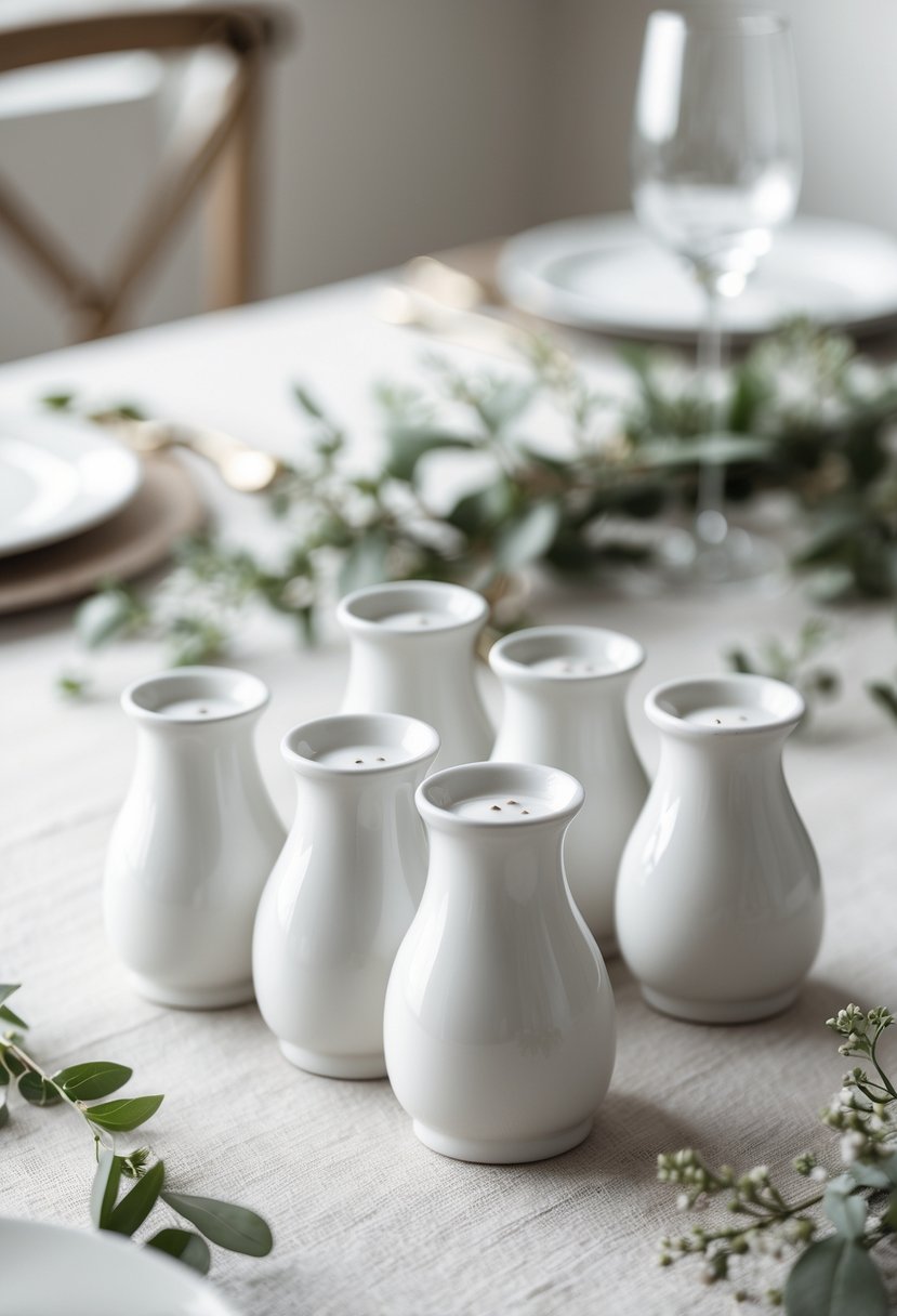 White porcelain salt cellars arranged on a wedding table with simple greenery and neutral linens.