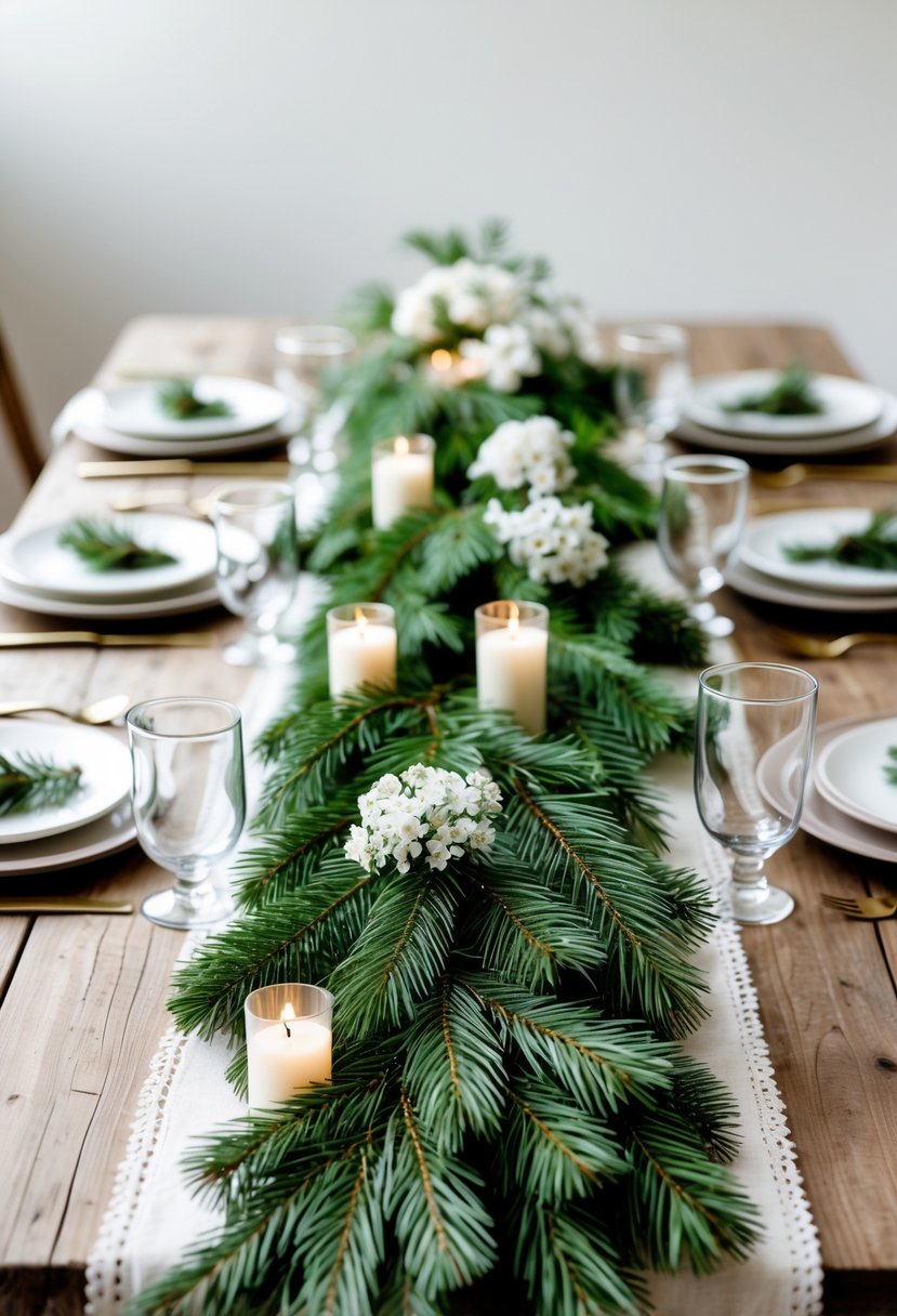 A wedding table decorated with natural pine branches, white flowers, and candles.