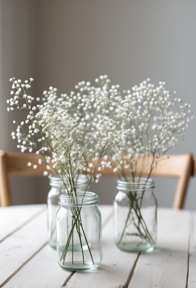 Sparse sprigs of white baby's breath flowers in clear glass jars on a light wooden table.