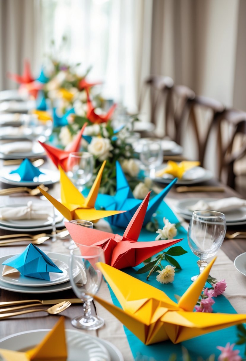 A wedding table decorated with colorful origami paper cranes, white plates, glassware, and simple floral arrangements.