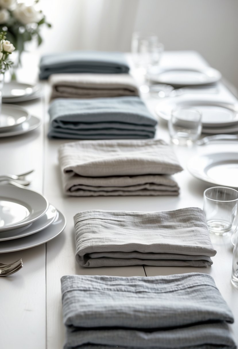 Folded grey linen napkins arranged on a wedding table with plates, glasses, and cutlery.