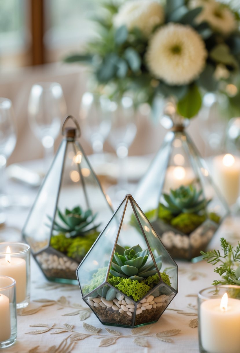 Small glass terrariums with green succulents and moss arranged on a white tablecloth surrounded by candles on a wedding table.