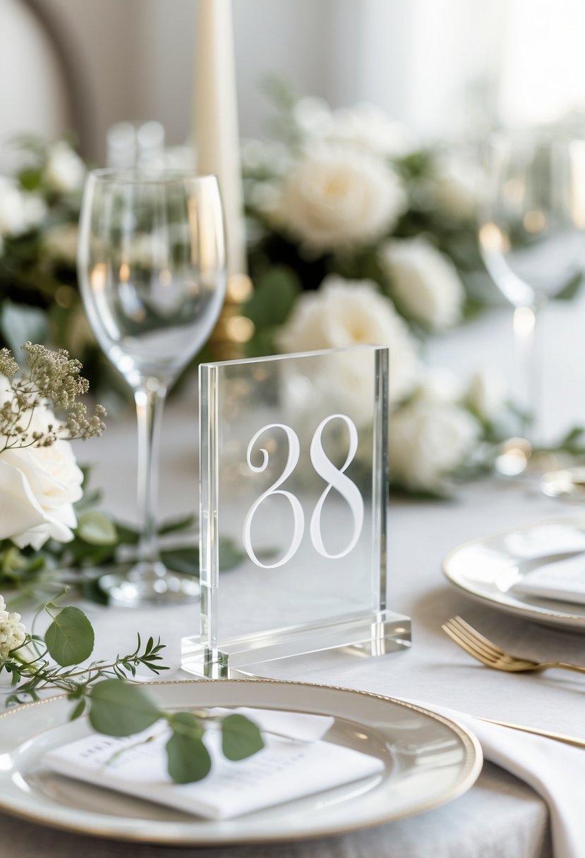 Transparent acrylic table number holders on a wedding table with white linens and greenery decorations.