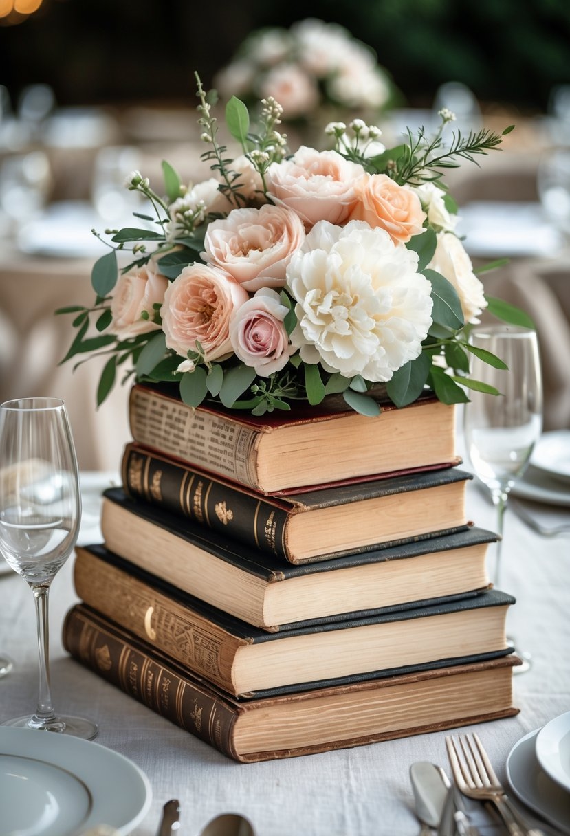 A wedding table decorated with stacks of books used as risers holding floral arrangements and table settings.