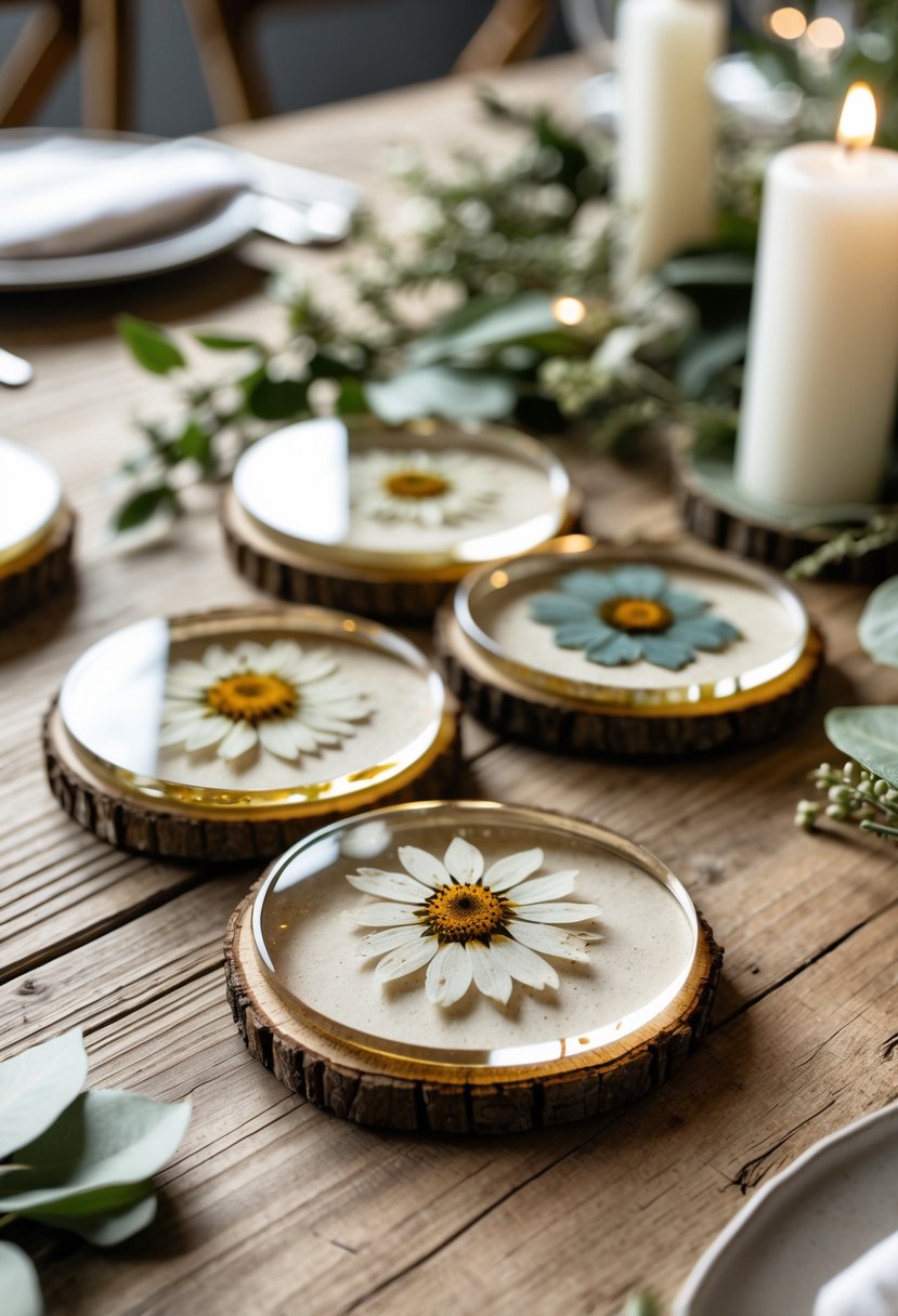 Pressed flower coasters displayed on a wooden table with wedding decorations including greenery and candles.