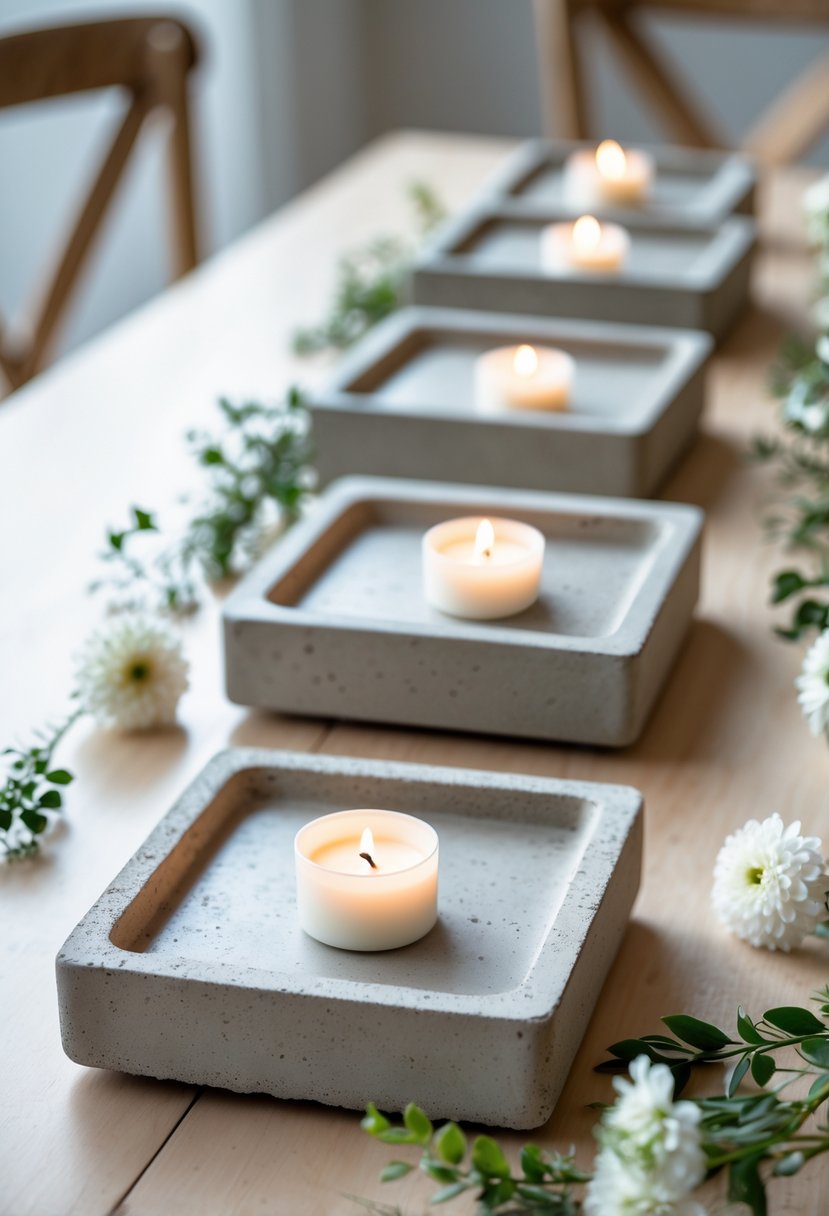 A wedding table with simple concrete trays holding small white candles and minimal greenery decorations.