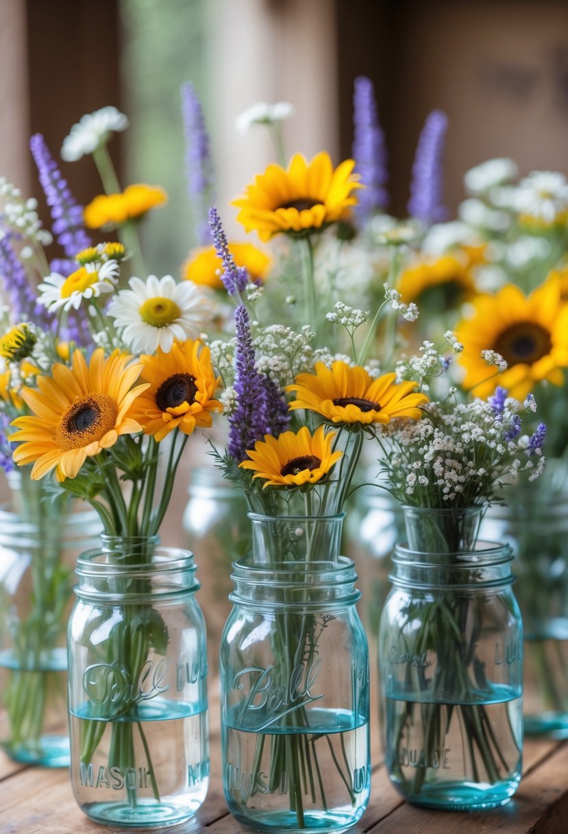 Several Mason jars filled with colorful seasonal wildflowers arranged on a wooden table.