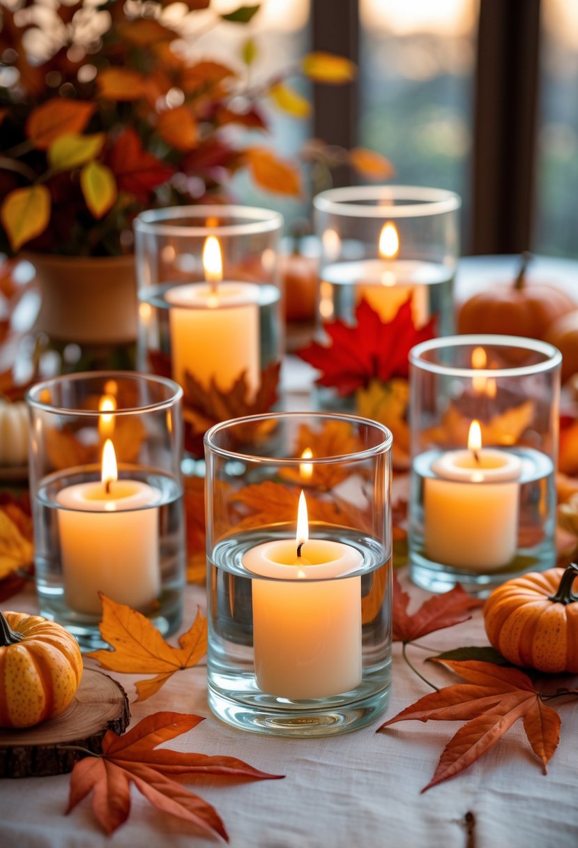 Floating candles lit inside glass vases surrounded by autumn leaves and small pumpkins on a wedding table.