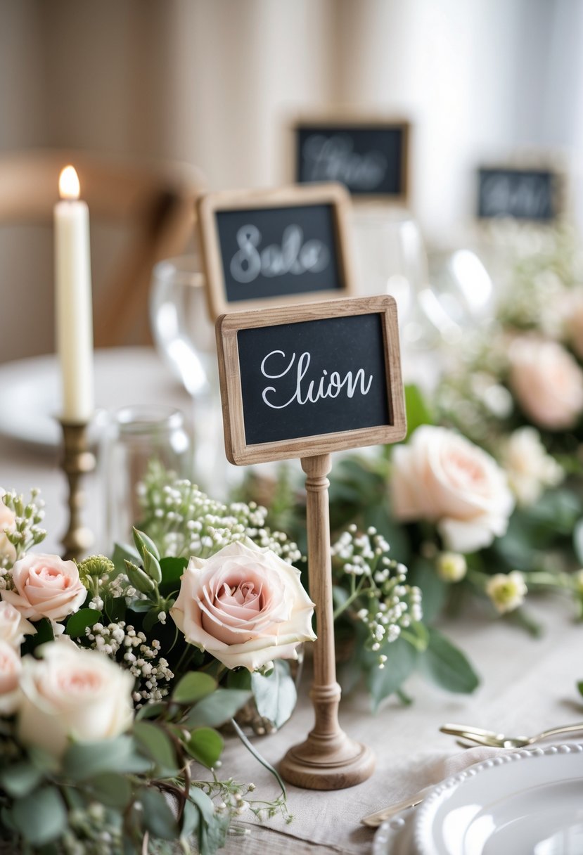 Wedding table with mini chalkboard signs, flowers, candles, and tableware arranged as decorations.