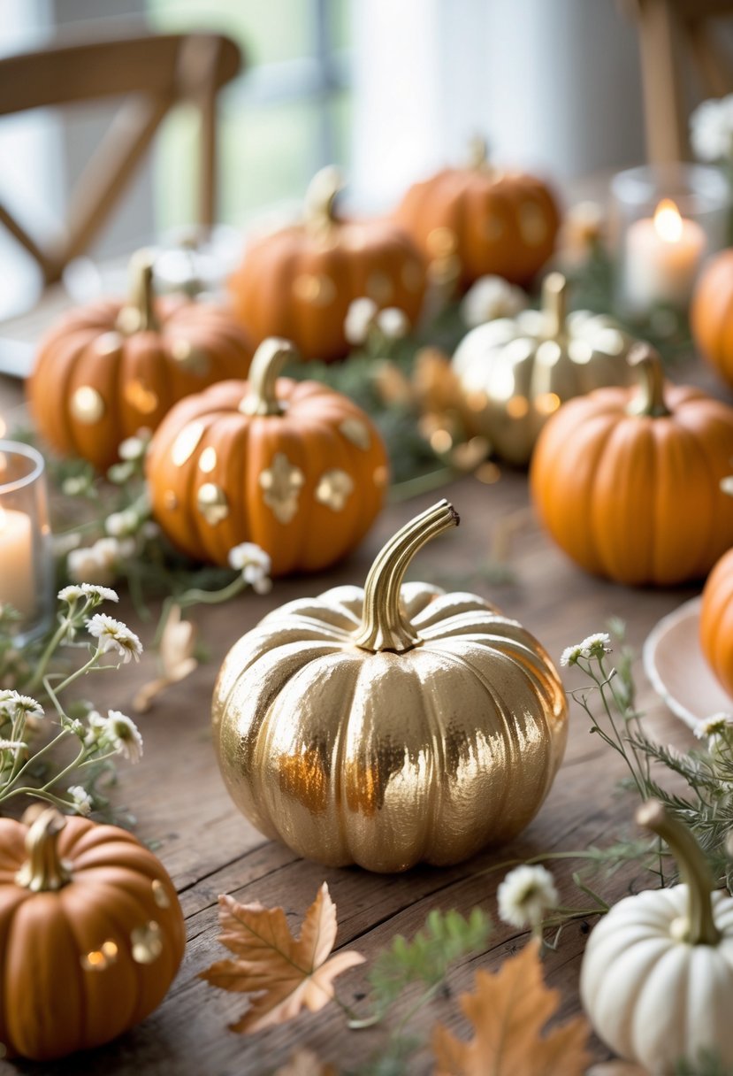 Mini pumpkins painted with metallic gold accents arranged on a wooden table as a seasonal wedding decoration with dried leaves and greenery.
