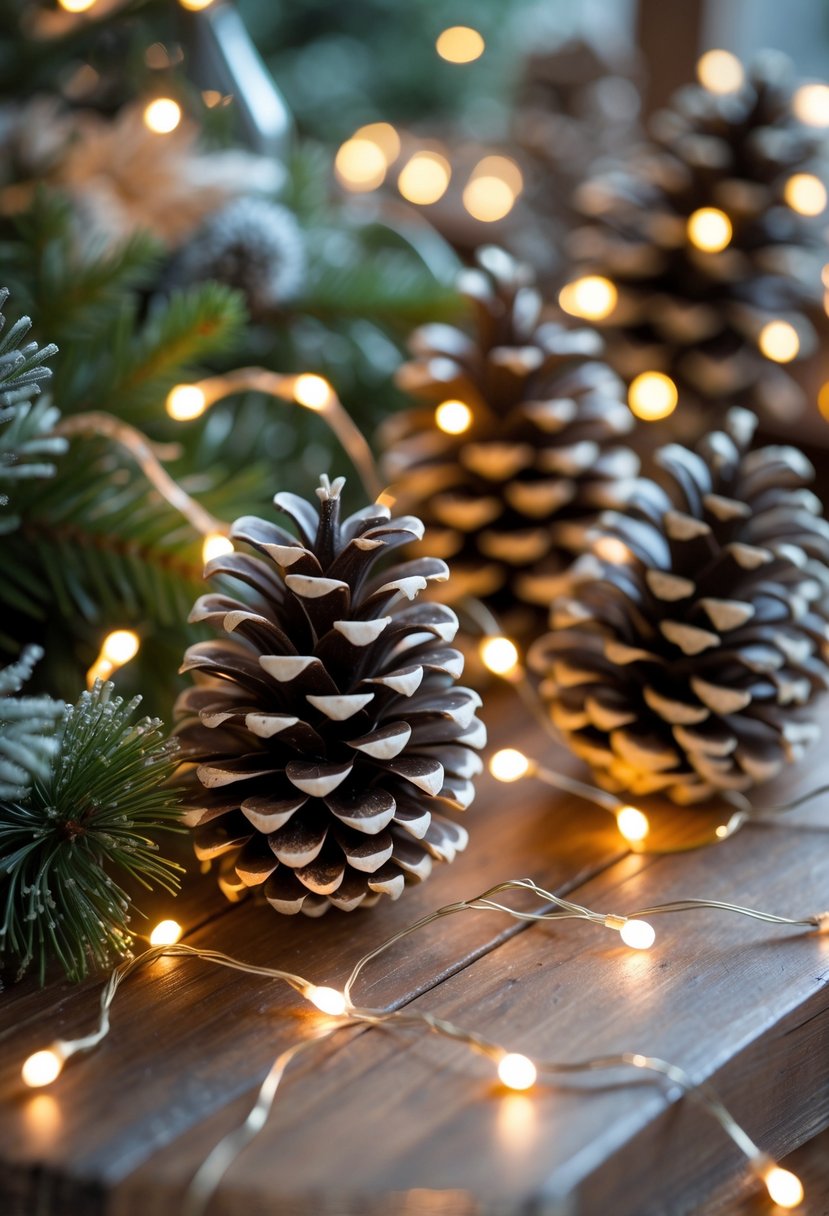 Close-up of pinecones decorated with glowing fairy lights on a wooden table with soft winter greenery in the background.