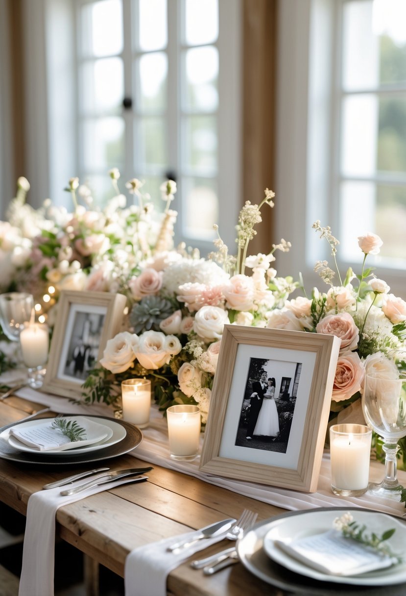 Wedding table decorated with framed vintage photos, flowers, candles, and tableware.