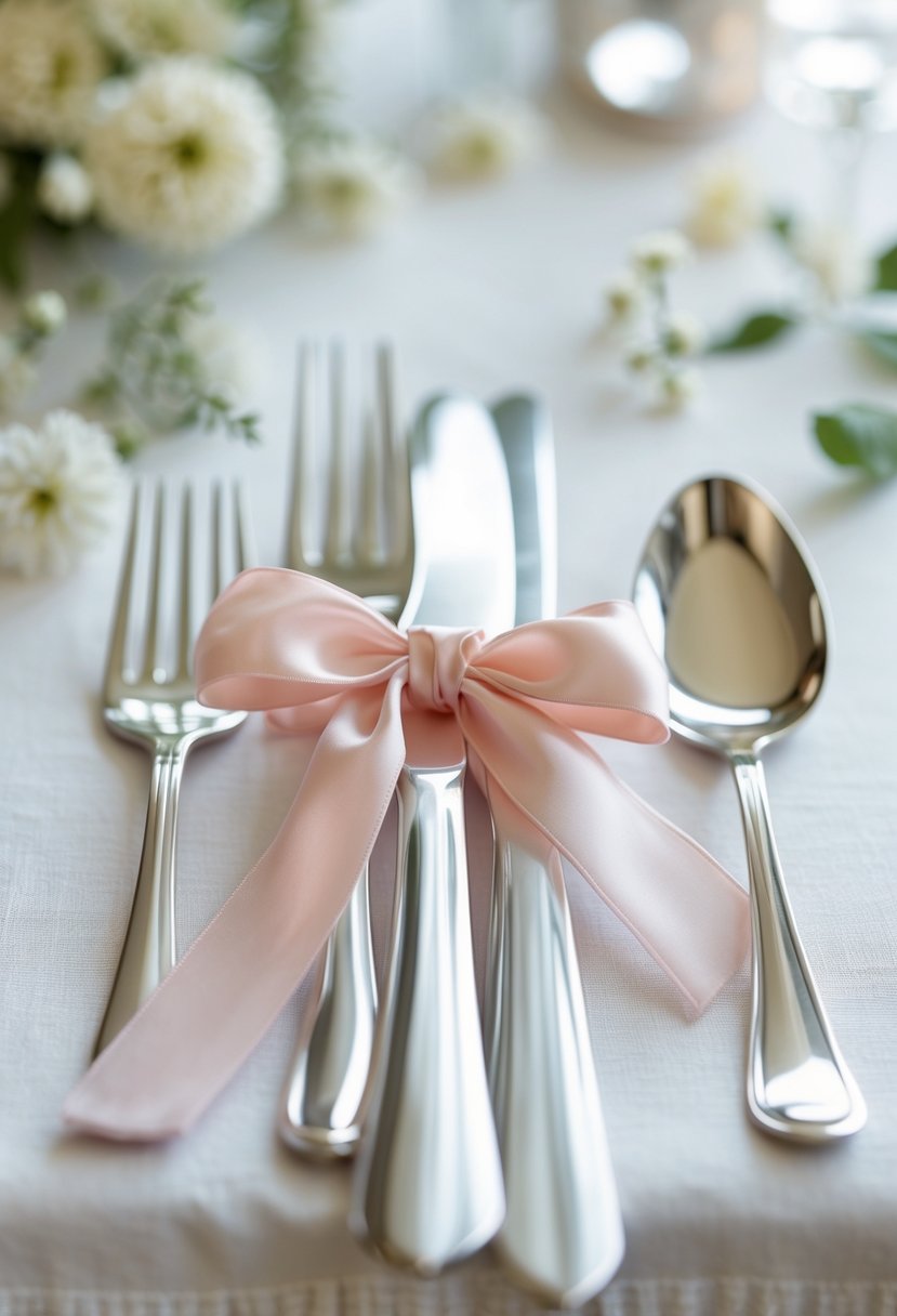 Cutlery tied together with a silk ribbon placed on a white tablecloth with floral decorations in the background.